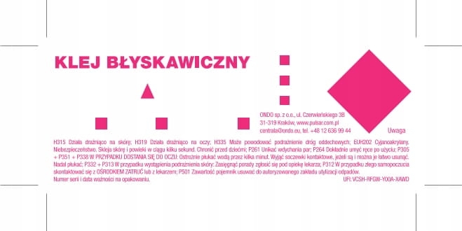 Ostrzeżenia i piktogramy dla kleju cyjanoakrylowego Pulsar FIX-80 50 g