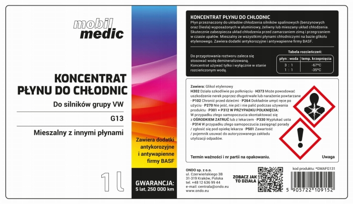 Ostrzeżenia i piktogramy dla koncentratu G13 1 l - ochrona do -35 °C