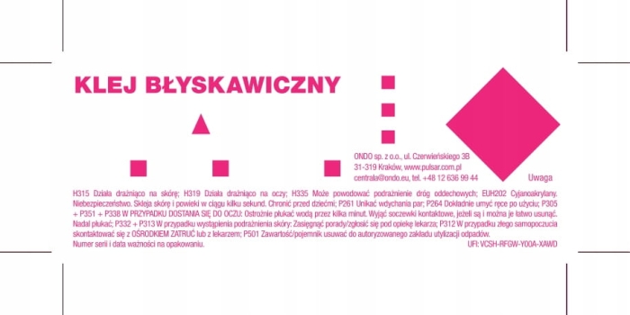 Ostrzeżenia i piktogramy dla kleju cyjanoakrylowego Pulsar FIX‑01 20 g