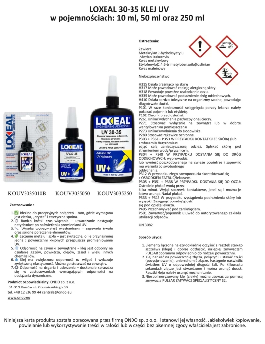 Klej UV Loxeal 30-35 250 ml - przezroczysty klej do szkła i metalu, odporny na wilgoć