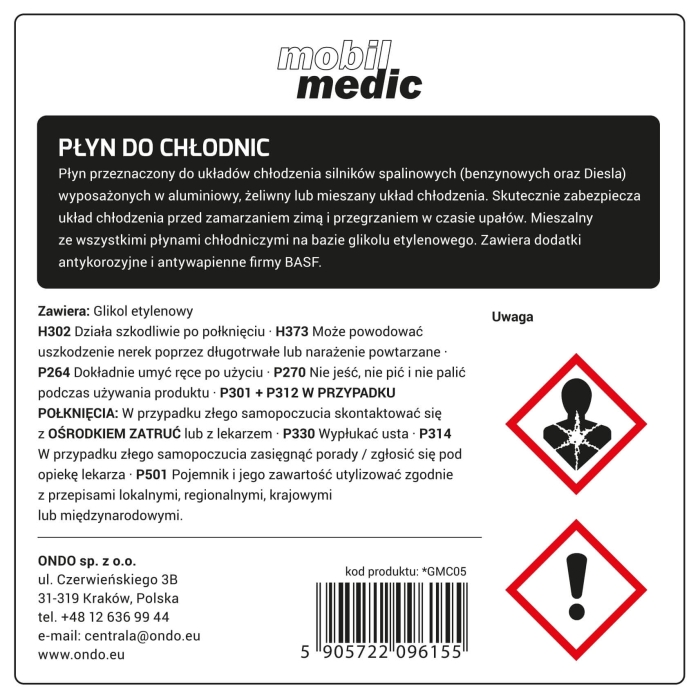 Ostrzeżenia i piktogramy dla uniwersalnego płynu do chłodnic Mobil Medic 5 l