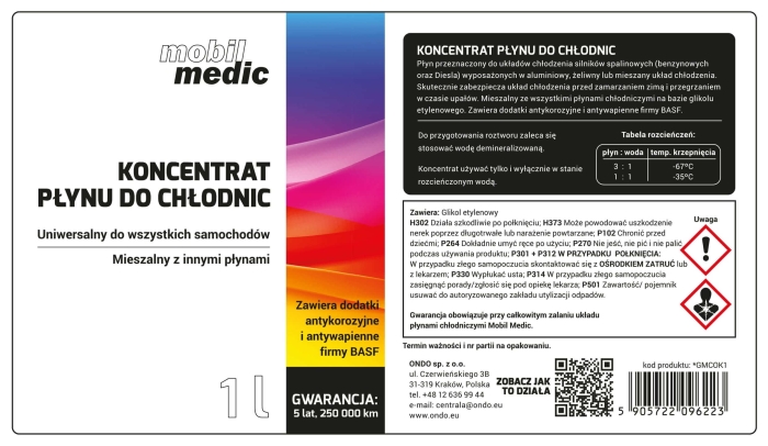Ostrzeżenia i piktogramy dla koncentratu płynu do chłodnicy Mobil Medic 1 l