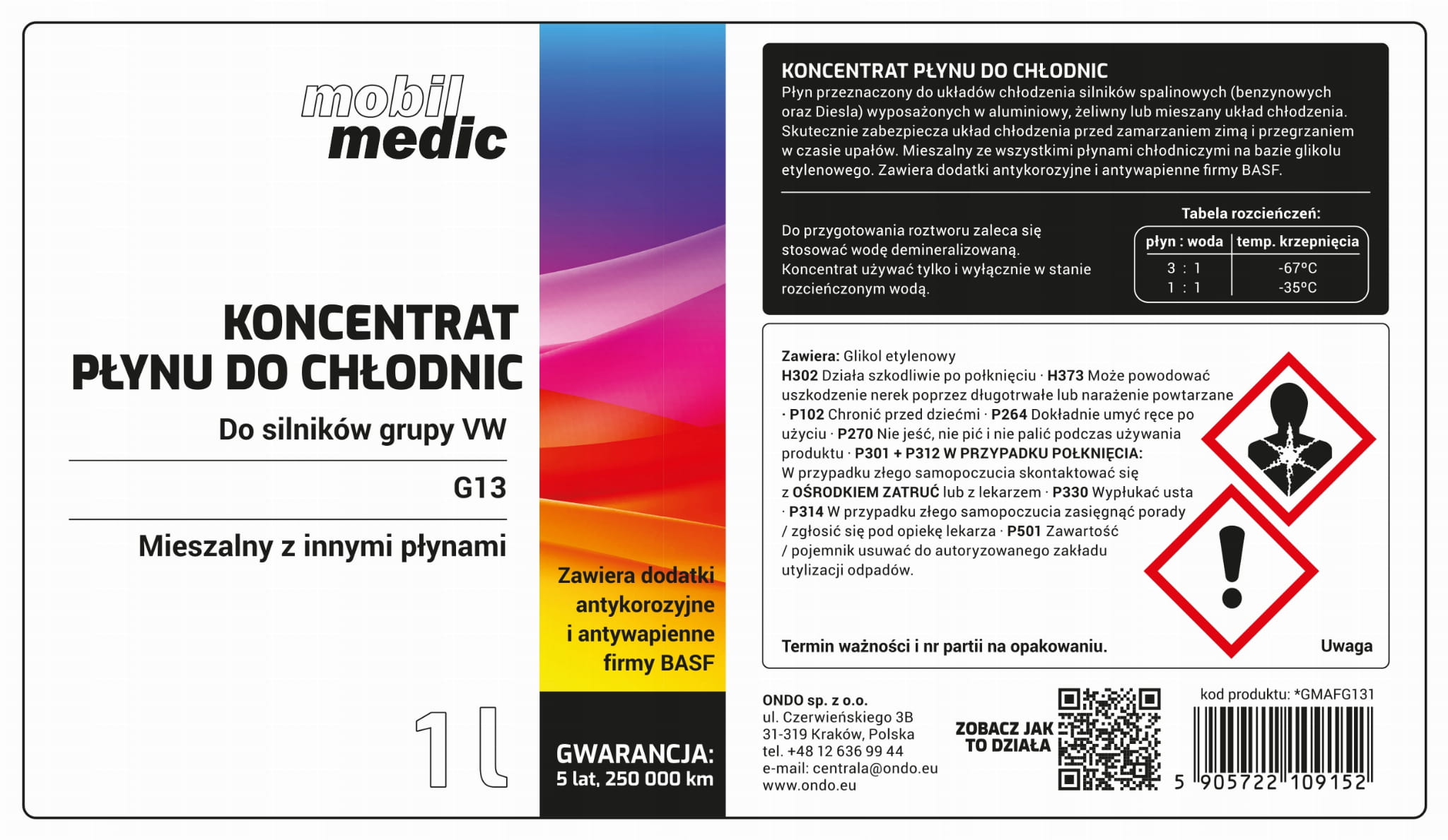 Ostrzeżenia i piktogramy dla koncentratu G13 1 l - ochrona do -35 °C
